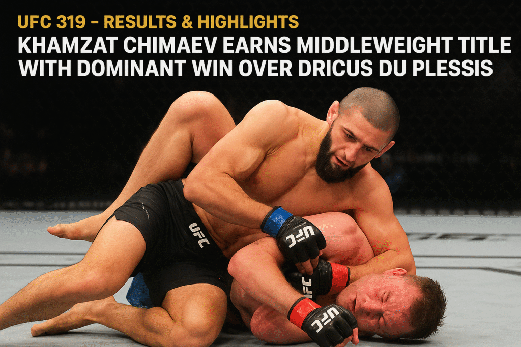 UFC 319 में Khamzat Chimaev ने बेहतरीन प्रदर्शन करते हुए Dricus du Plessis को हराया और Middleweight Champion बने।